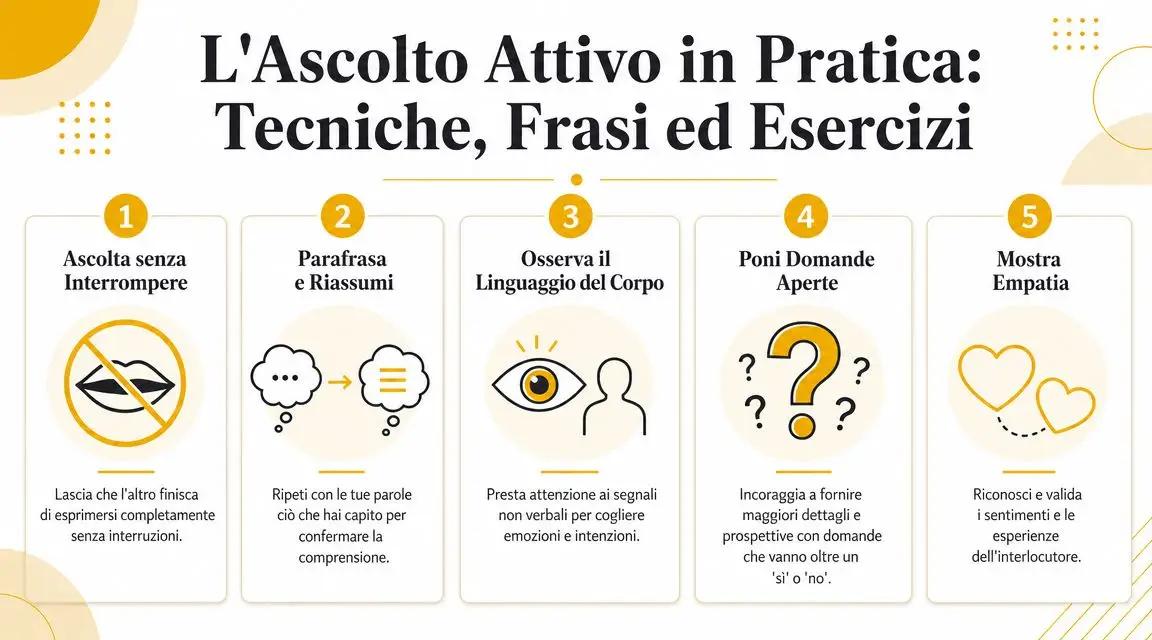 Infografica che illustra cinque passaggi fondamentali per praticare l'ascolto attivo in contesti di comunicazione efficace.
