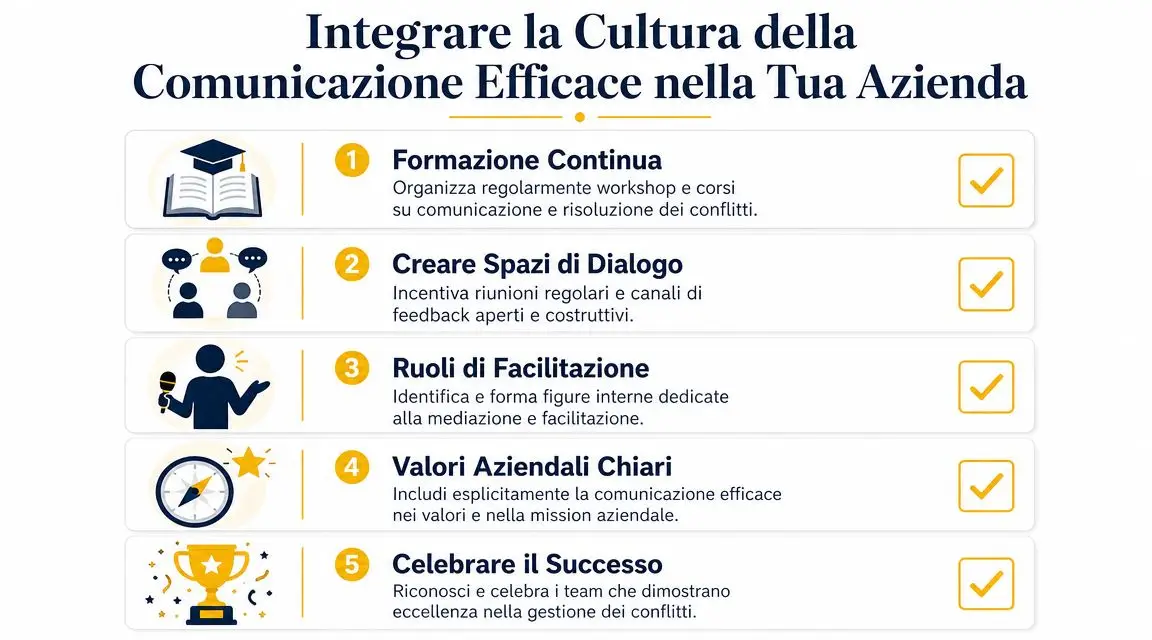 Infografica che illustra cinque passi per integrare la cultura della comunicazione efficace e gestione conflitti in azienda.