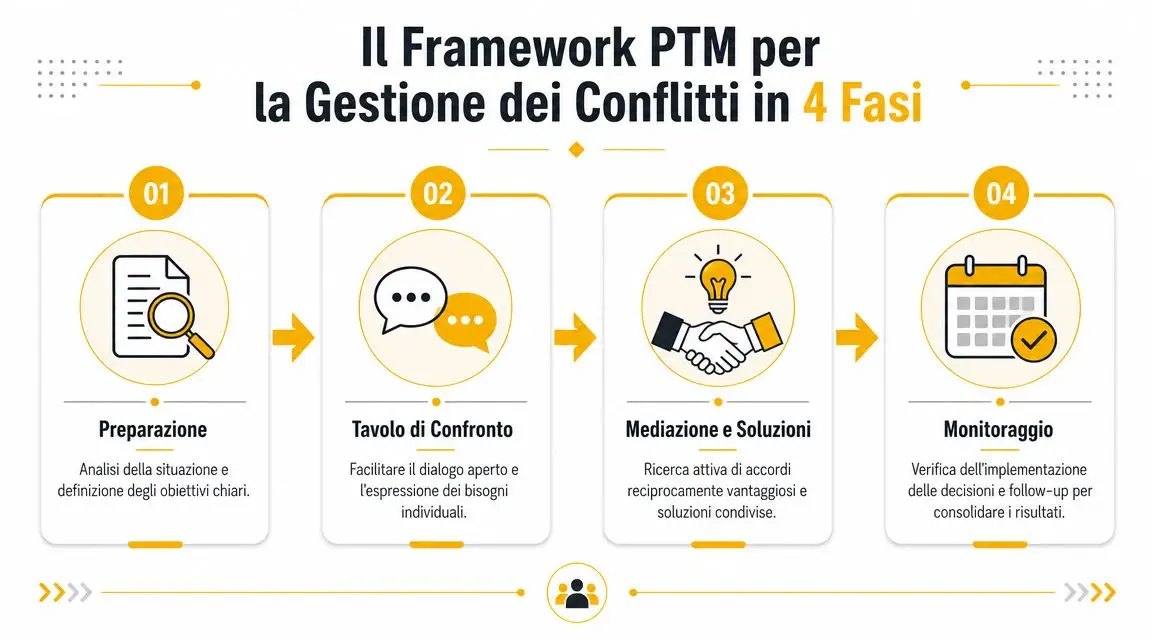 Infografica del framework PTM in quattro fasi per la gestione efficace dei conflitti aziendali e interpersonali.
