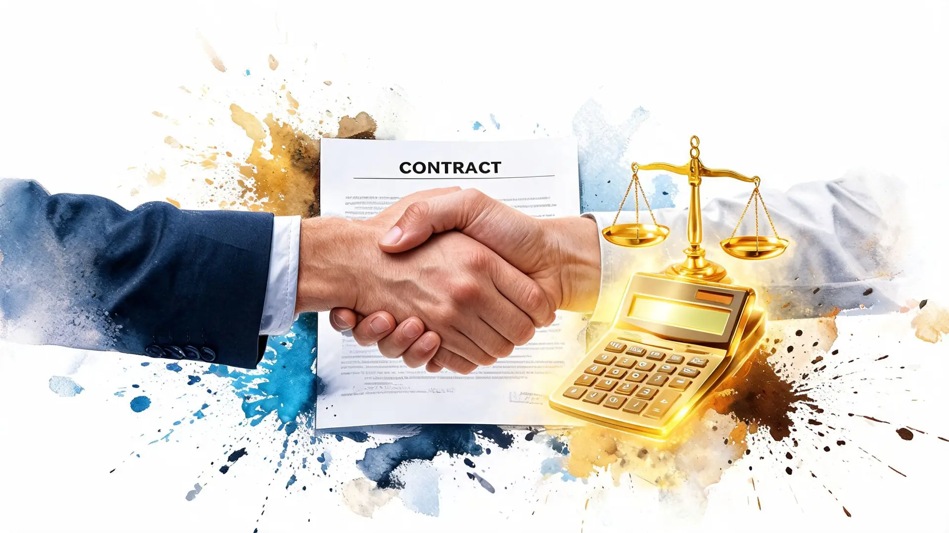 Una stretta di mano su un contratto con una bilancia e una calcolatrice dorata sullo sfondo.