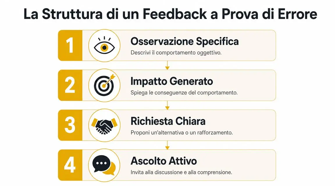Schema grafico a quattro passaggi per scrivere un feedback efficace a prova di errore in ambito professionale.