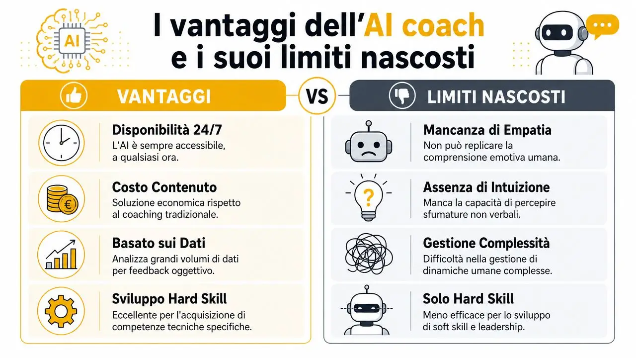 Infografica che confronta i vantaggi e i limiti nascosti dell'utilizzo di un coach basato sull'intelligenza artificiale.