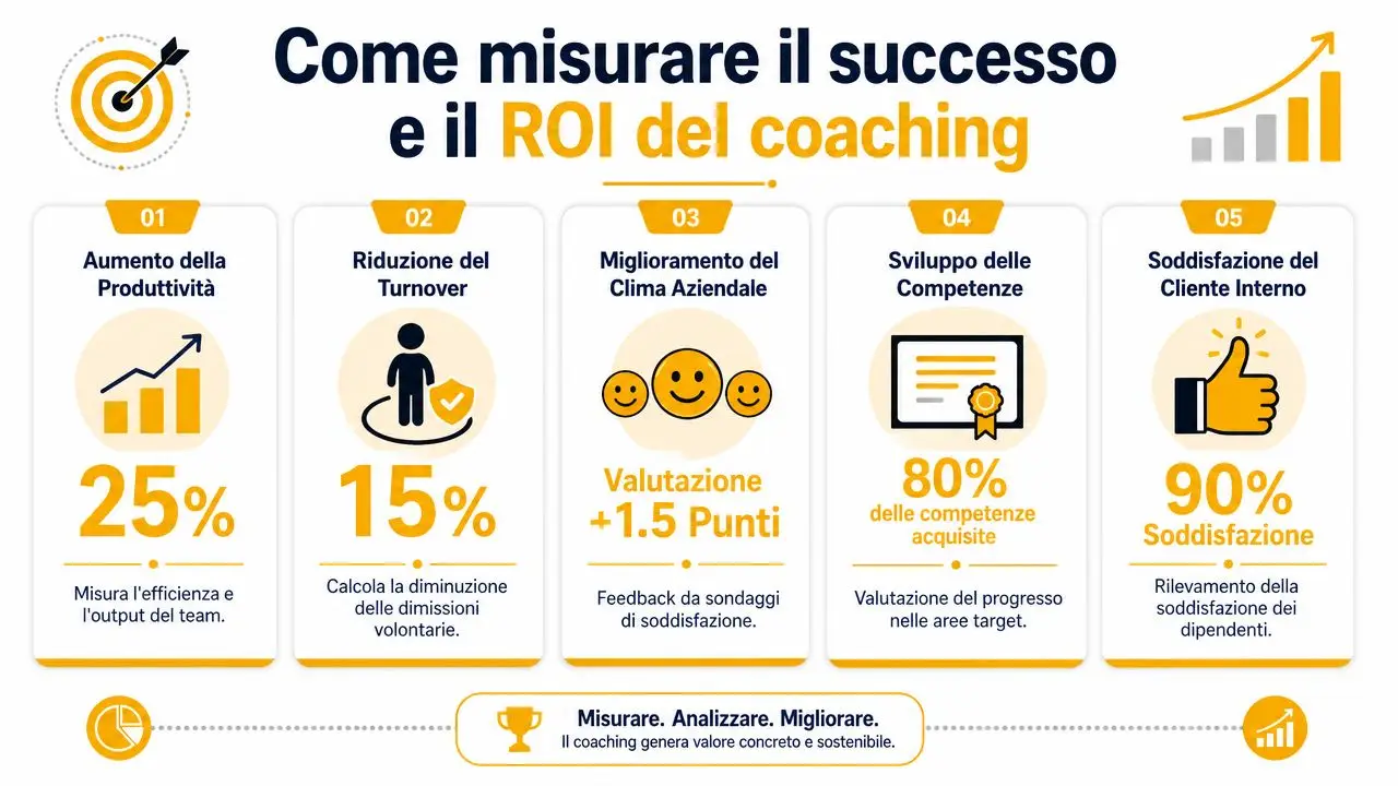 Infografica che illustra cinque indicatori chiave per misurare il successo e il ritorno economico del coaching aziendale.