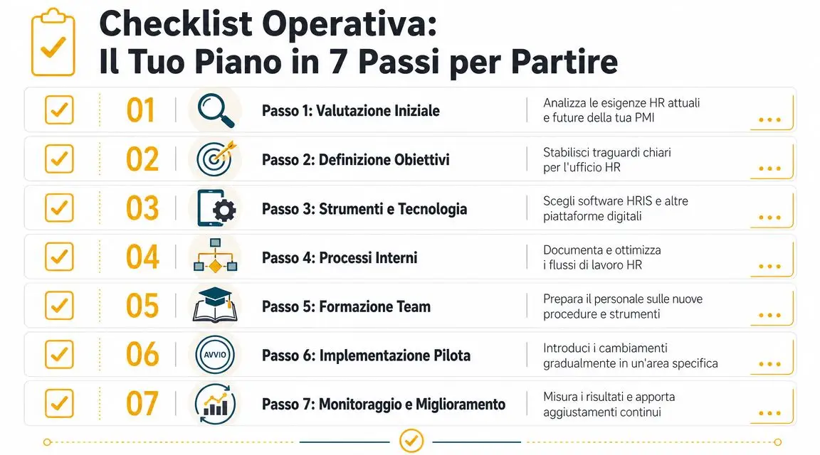 Una checklist operativa che illustra i sette passi necessari per organizzare e ottimizzare l'ufficio risorse umane.