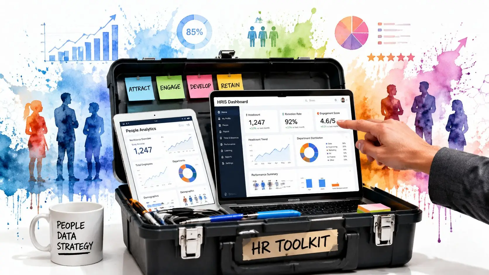 Una valigetta aperta con un computer e un tablet che mostrano dashboard di analisi dei dati HR.