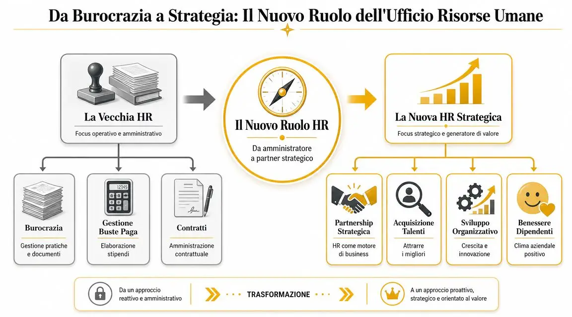 Un infografica che illustra l'evoluzione dell'ufficio risorse umane da ruolo burocratico a partner strategico aziendale.