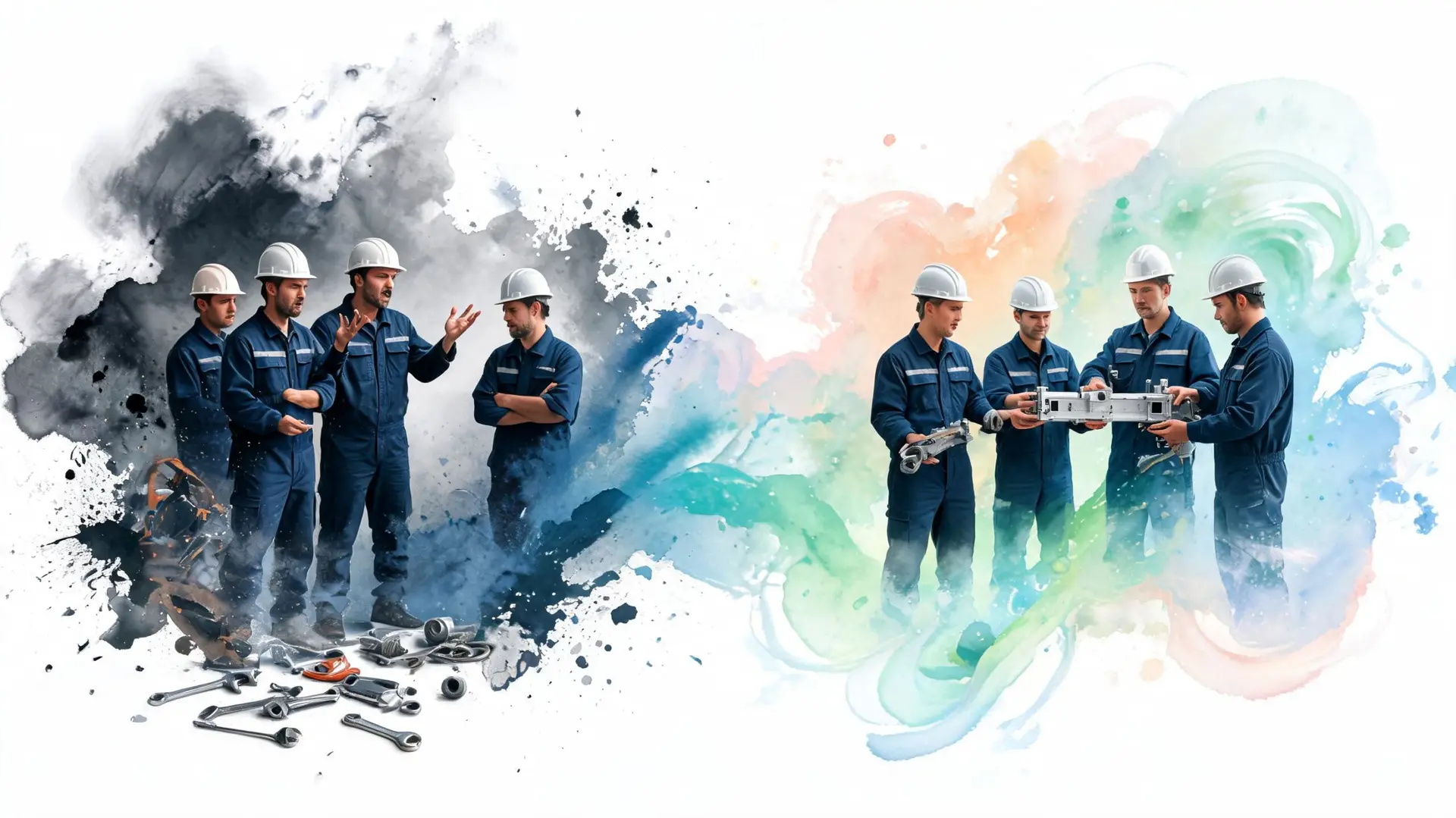 Squadra di lavoratori edili in tute blu discute con attrezzi, contrasto tra caos e ordine lavorativo.