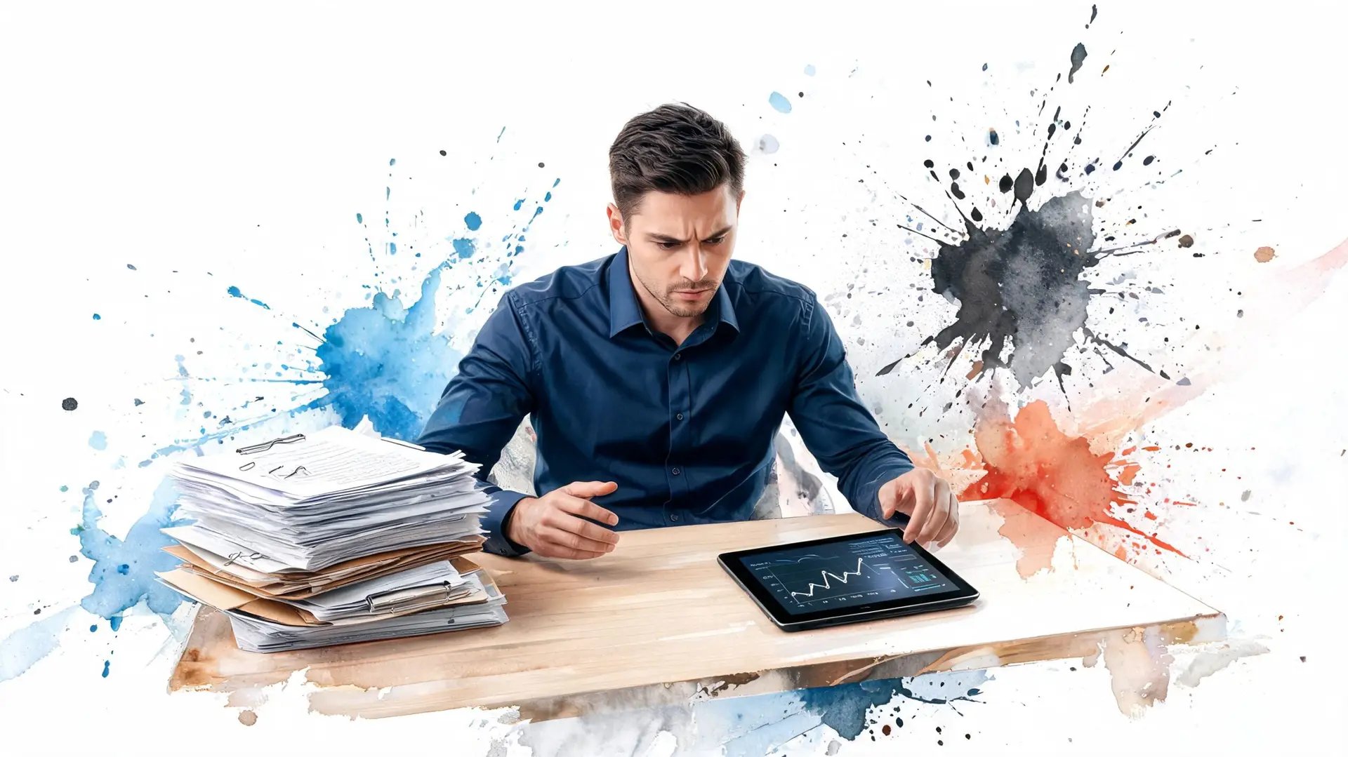 Un consulente del lavoro analizza attentamente grafici finanziari su un tablet circondato da pile di documenti lavorativi.