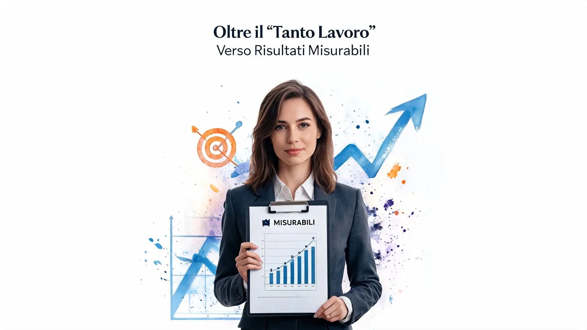 Una donna d'affari sorridente mostra un grafico di performance crescente su una cartellina con risultati misurabili.