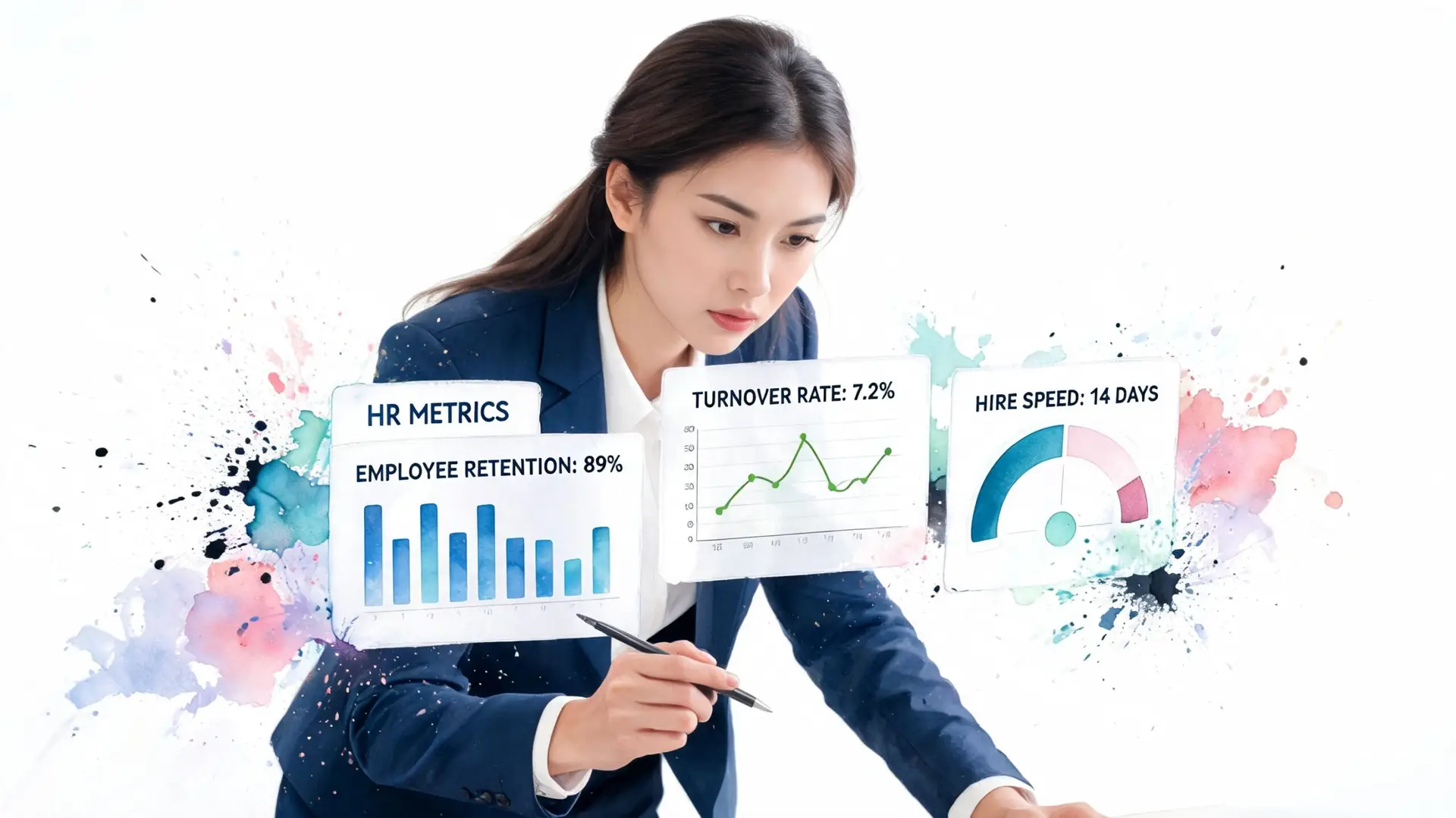 Una professionista delle risorse umane che analizza dati e metriche aziendali su uno schermo virtuale.