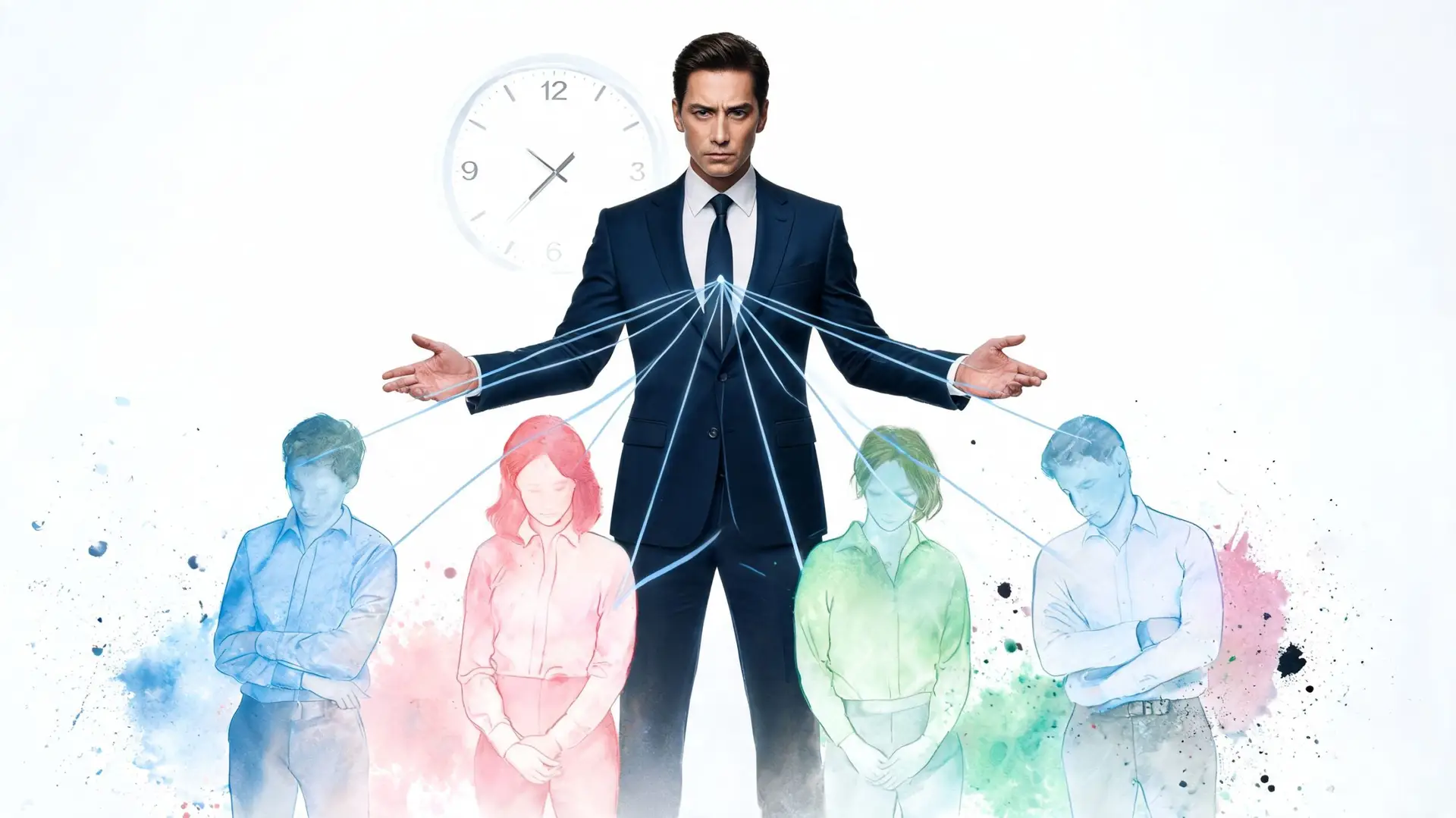 Un uomo d'affari controlla metaforicamente quattro persone in un concetto di gestione del tempo e resilienza.