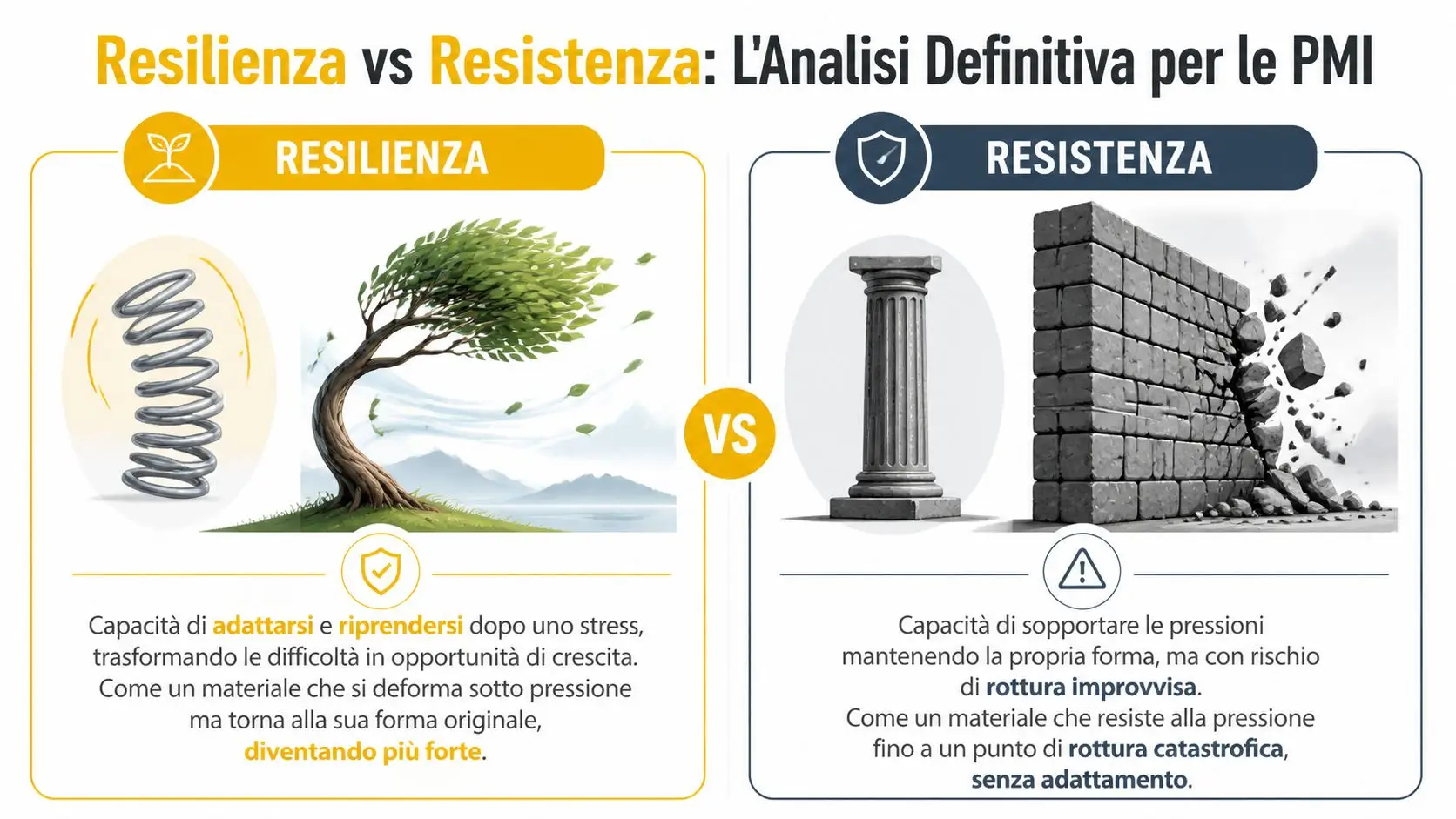 Confronto grafico tra resilienza, rappresentata da un albero che si piega, e resistenza, mostrata da un muro.
