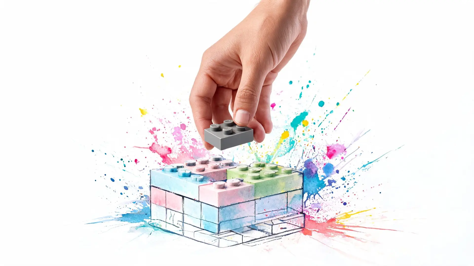 Una mano posiziona un mattoncino grigio sopra una struttura colorata composta da mattoncini in stile acquerello.