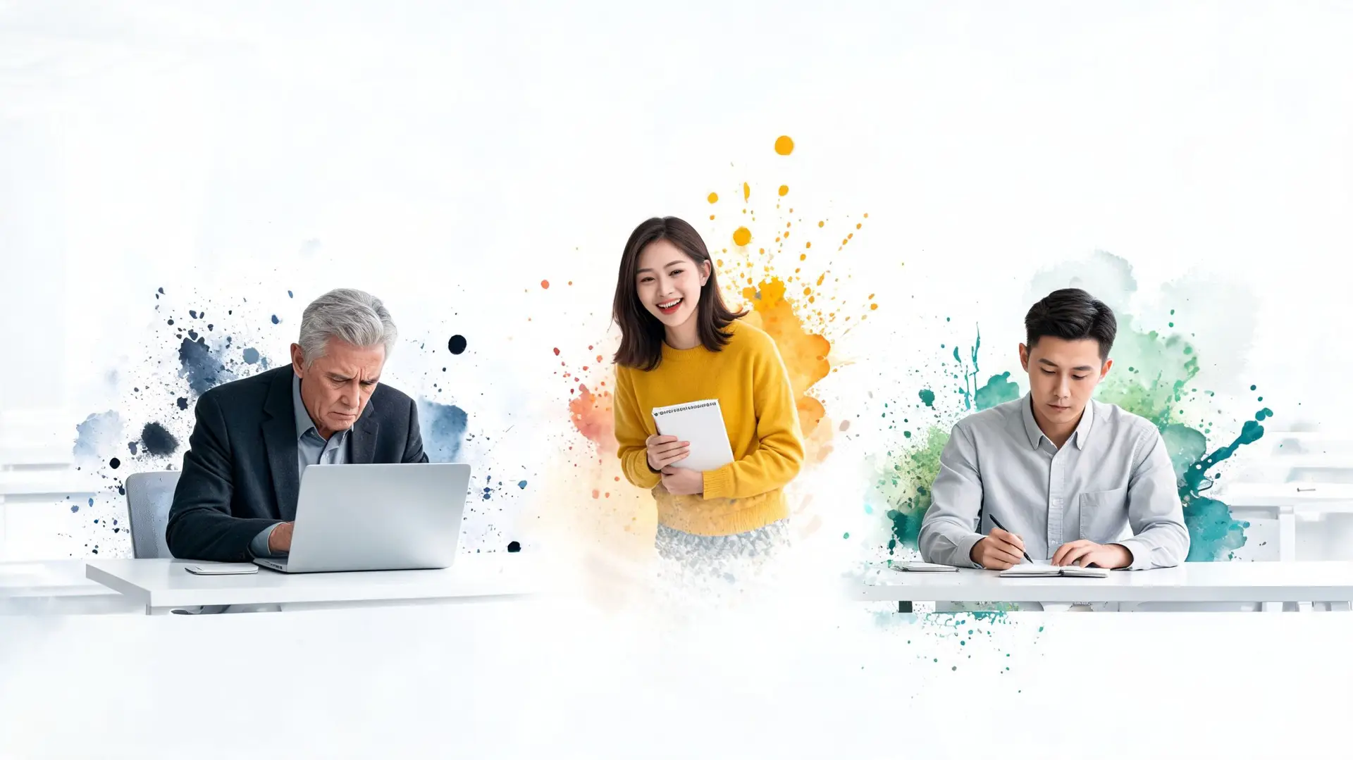 Tre persone diverse in un ufficio che lavorano in modo collaborativo con sfondi colorati a macchie d'inchiostro.