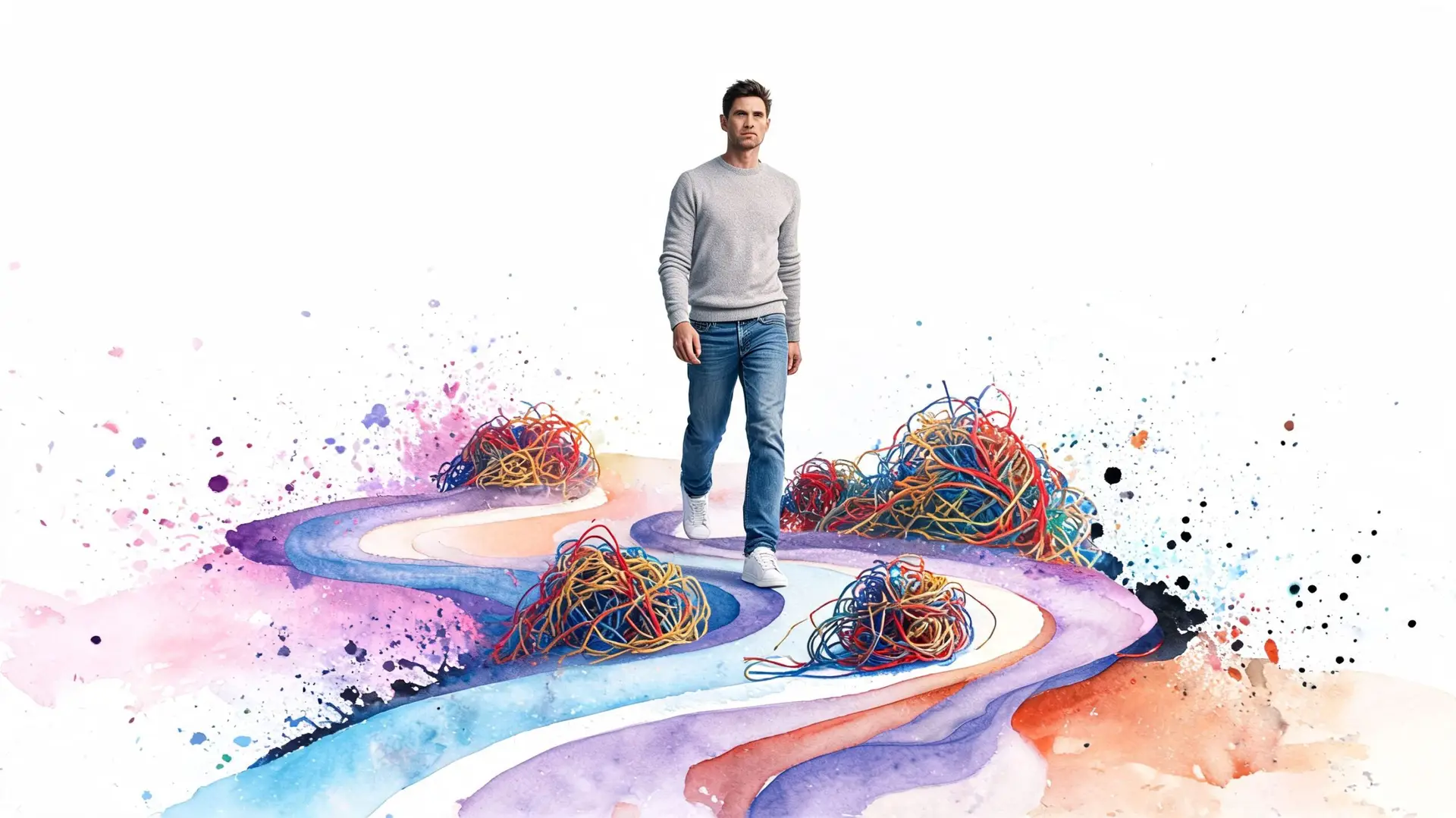 Un uomo cammina con determinazione su un sentiero artistico circondato da grovigli colorati di cavi.