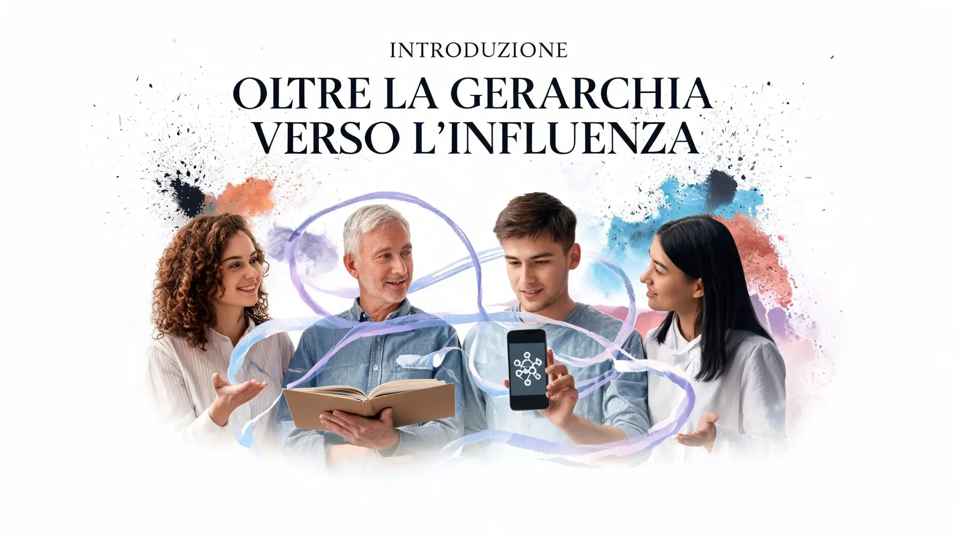 Quattro persone diverse discutono insieme, mescolando libri tradizionali e tecnologia digitale in un ambiente collaborativo moderno.