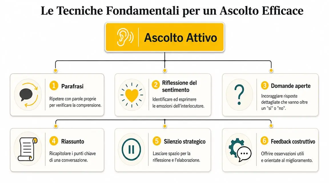 Schema grafico che illustra sei tecniche fondamentali per praticare l'ascolto attivo in una comunicazione efficace.