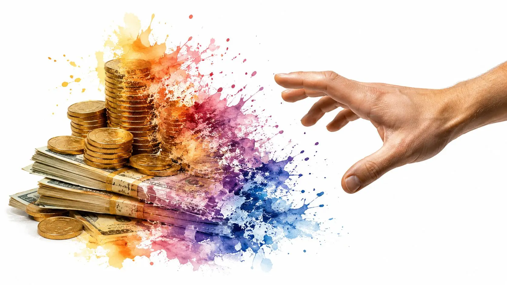 Una mano che tenta di afferrare una pila di denaro e monete che si dissolve in macchie colorate.