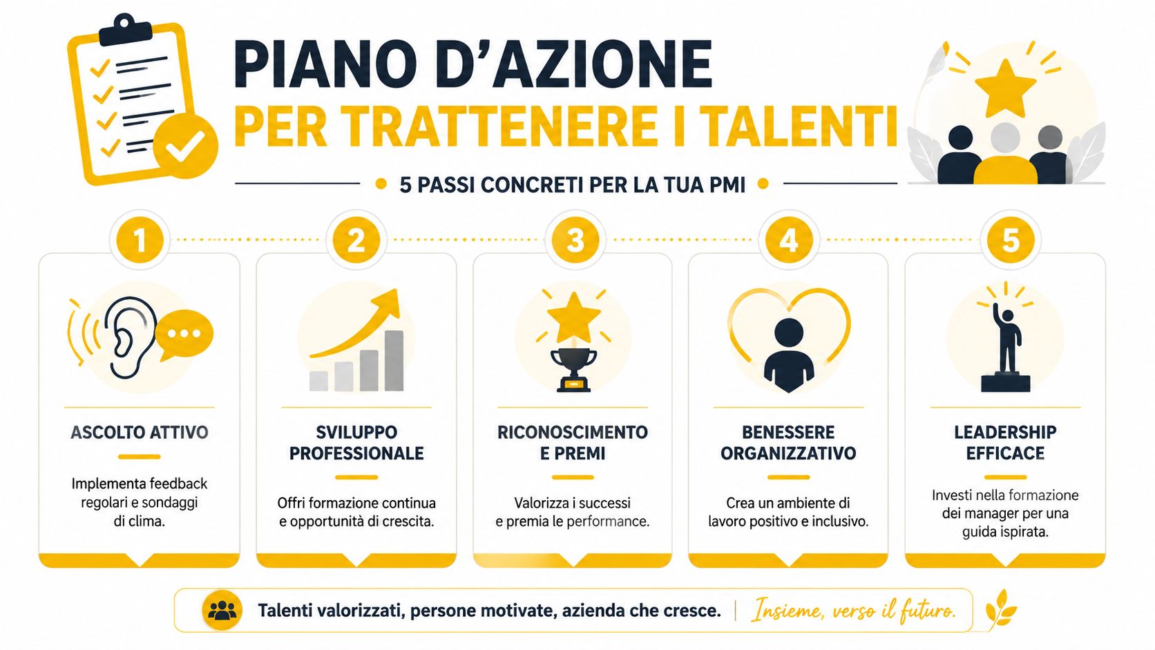 Infografica con cinque passaggi strategici per trattenere i talenti e migliorare il benessere nelle piccole medie imprese.