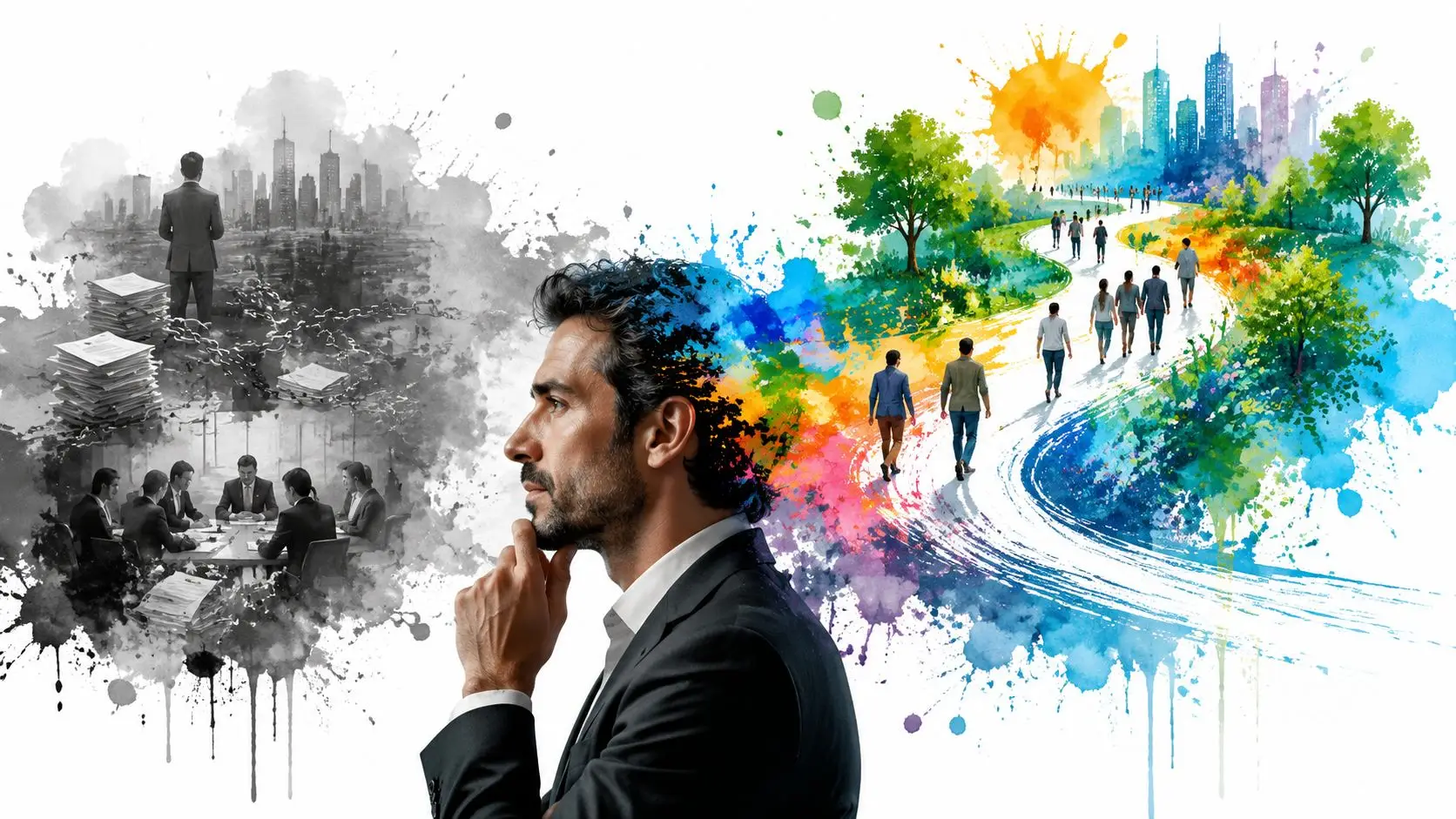 Un uomo d'affari riflette, visualizzando il contrasto tra il lavoro monotono d'ufficio e un percorso futuro creativo.