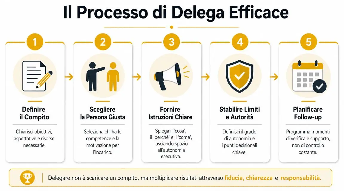 Infografica del processo di delega efficace suddivisa in cinque passaggi chiari per migliorare la gestione aziendale.