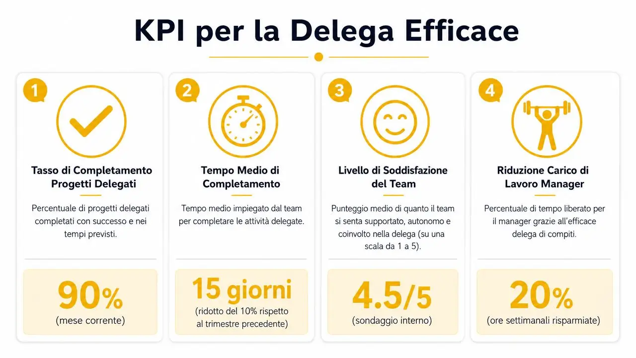 Infografica sui quattro KPI principali per misurare l'efficacia della delega dei compiti all'interno di un team aziendale.