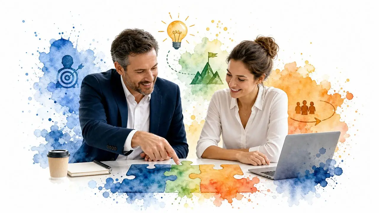 Uomo e donna in ufficio collaborano assemblando pezzi di un puzzle colorato su una scrivania bianca.