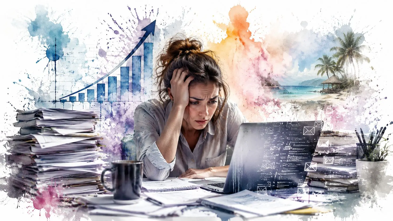 Una giovane donna stressata lavora a una scrivania piena di documenti e computer, sognando una vacanza tropicale.