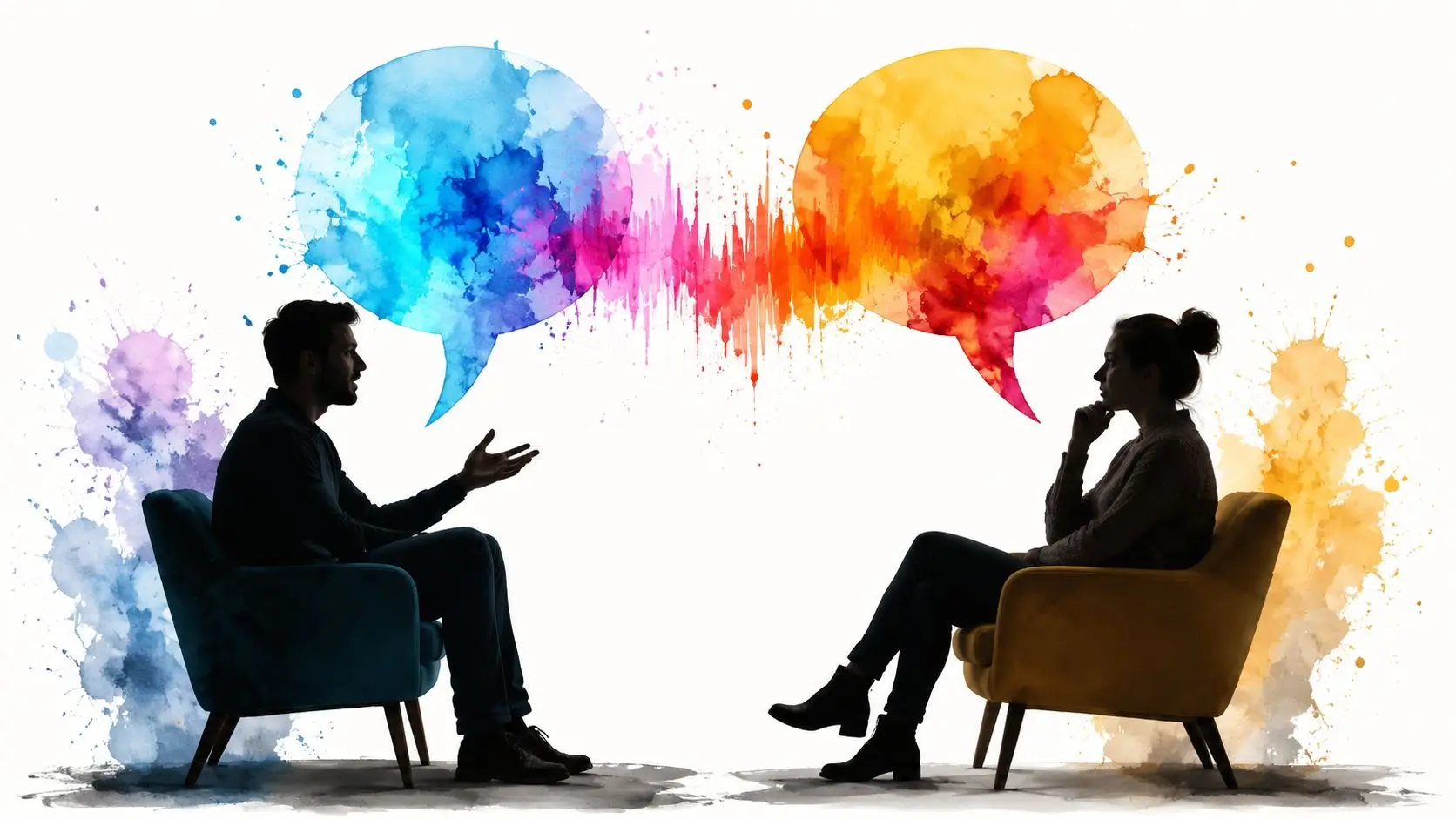 Silhouette di un uomo e una donna seduti su poltrone che conversano con nuvole di parole colorate.