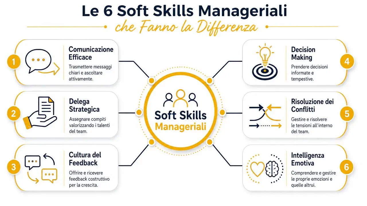 Infografica che mostra sei soft skills manageriali fondamentali per una leadership efficace nel mondo del lavoro.