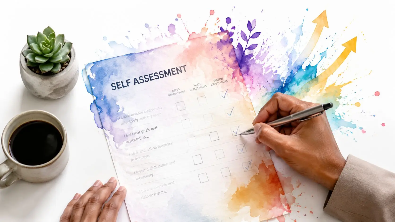 Una persona compila un modulo di autovalutazione delle competenze professionali su un foglio colorato con acquerelli.