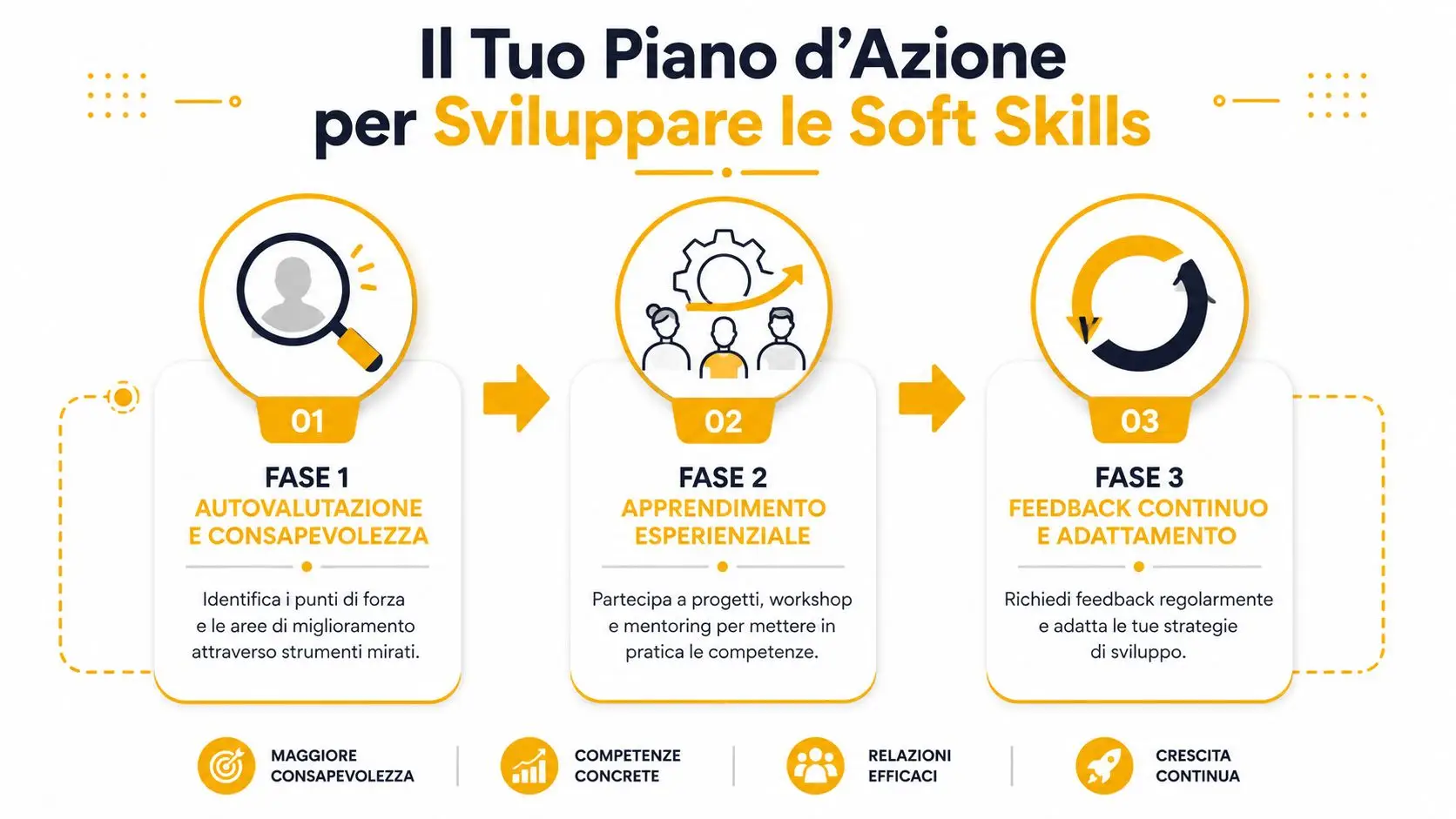 Piano d'azione in tre fasi per lo sviluppo delle competenze relazionali e comportamentali in ambito professionale.