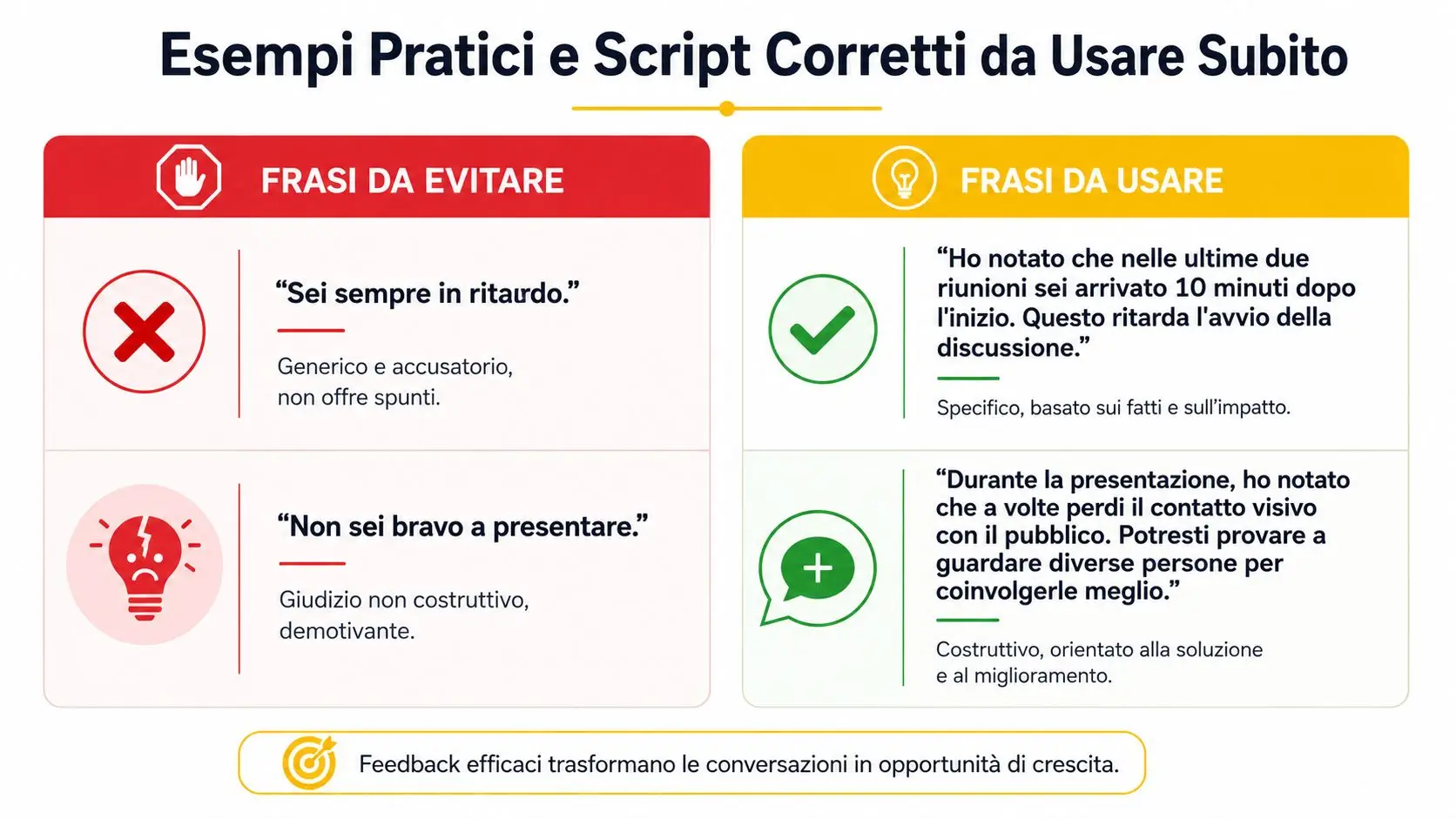 Infografica che mostra esempi di frasi sbagliate e corrette per dare feedback costruttivo sul lavoro.