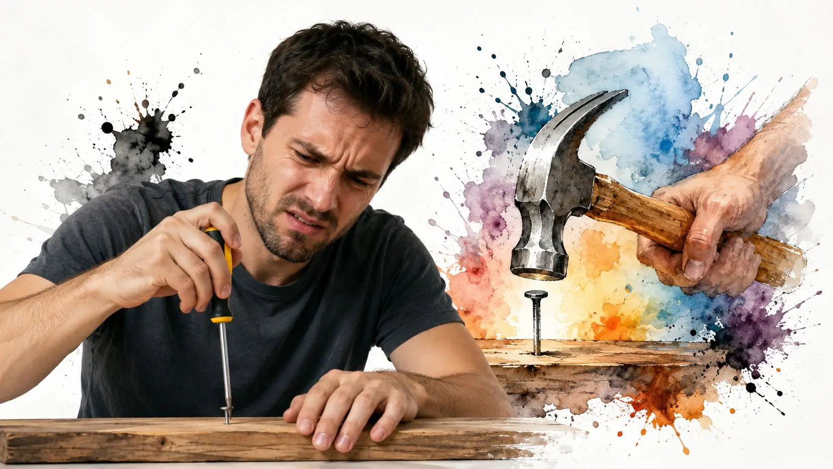 Un uomo frustrato tenta di avvitare un chiodo in un pezzo di legno con un cacciavite.