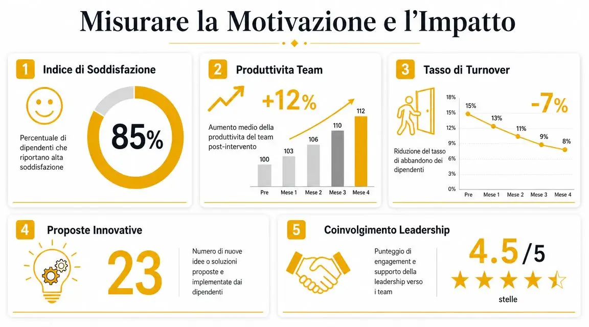 Infografica che illustra i dati relativi alla soddisfazione, produttività, turnover e coinvolgimento dei dipendenti aziendali.