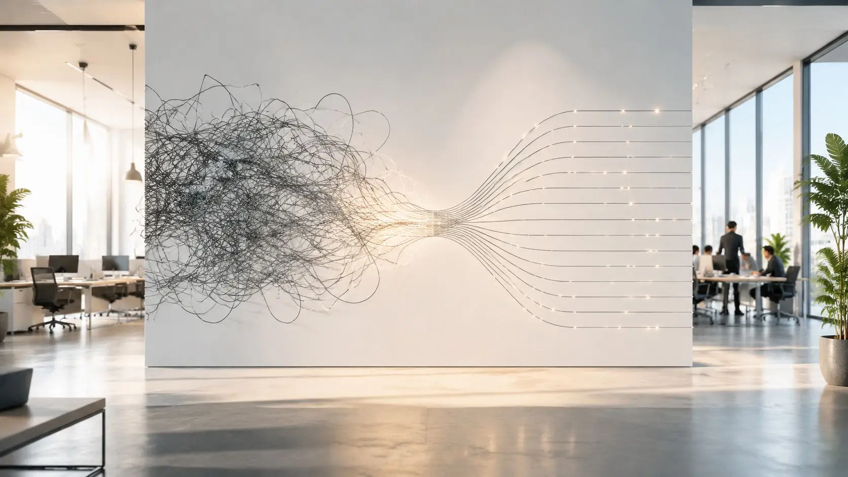 Un design artistico su una parete in ufficio rappresenta l'ordine che emerge dal caos con linee luminose.