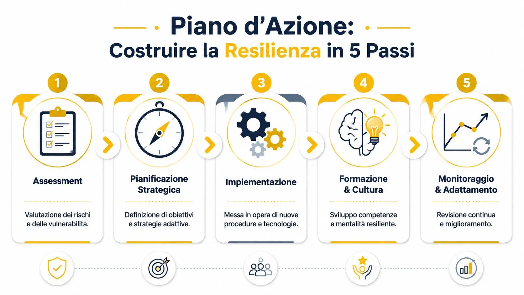 Infografica con i cinque passi per costruire la resilienza organizzativa aziendale attraverso strategie di miglioramento continuo.