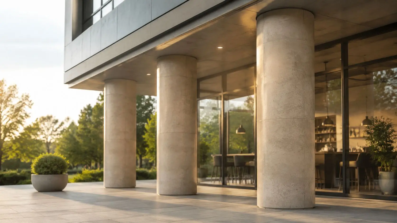 Moderna architettura di un edificio con grandi colonne in pietra e un patio esterno ben curato.