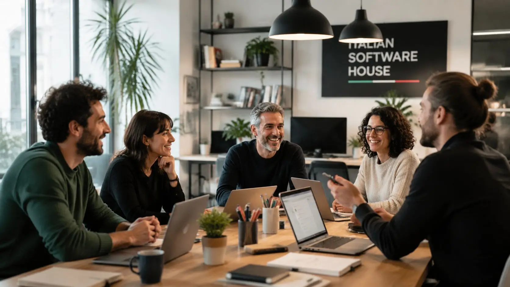Un team di professionisti sorridenti che collaborano durante una riunione creativa in un ufficio moderno e luminoso.