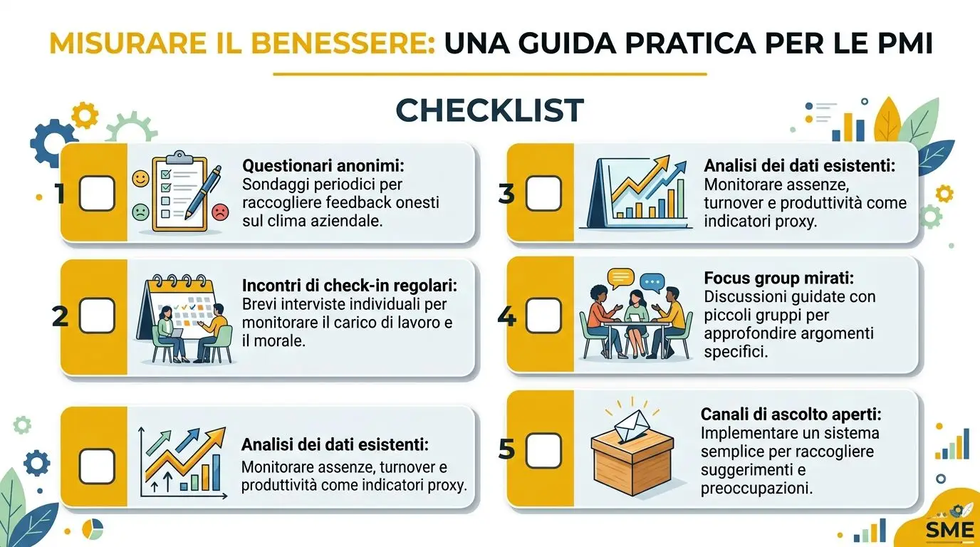 Una checklist con cinque suggerimenti pratici per misurare il benessere organizzativo nelle piccole e medie imprese italiane.