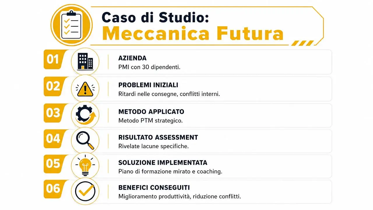 Un infografica sul caso di studio Meccanica Futura che illustra sei passaggi del processo di miglioramento aziendale.