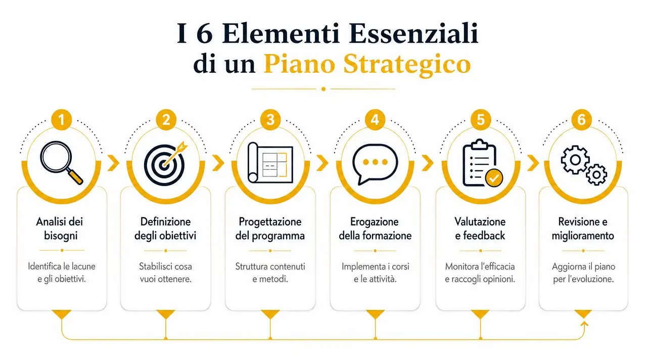 Infografica che illustra i sei elementi essenziali di un piano strategico di formazione professionale in sequenza logica.