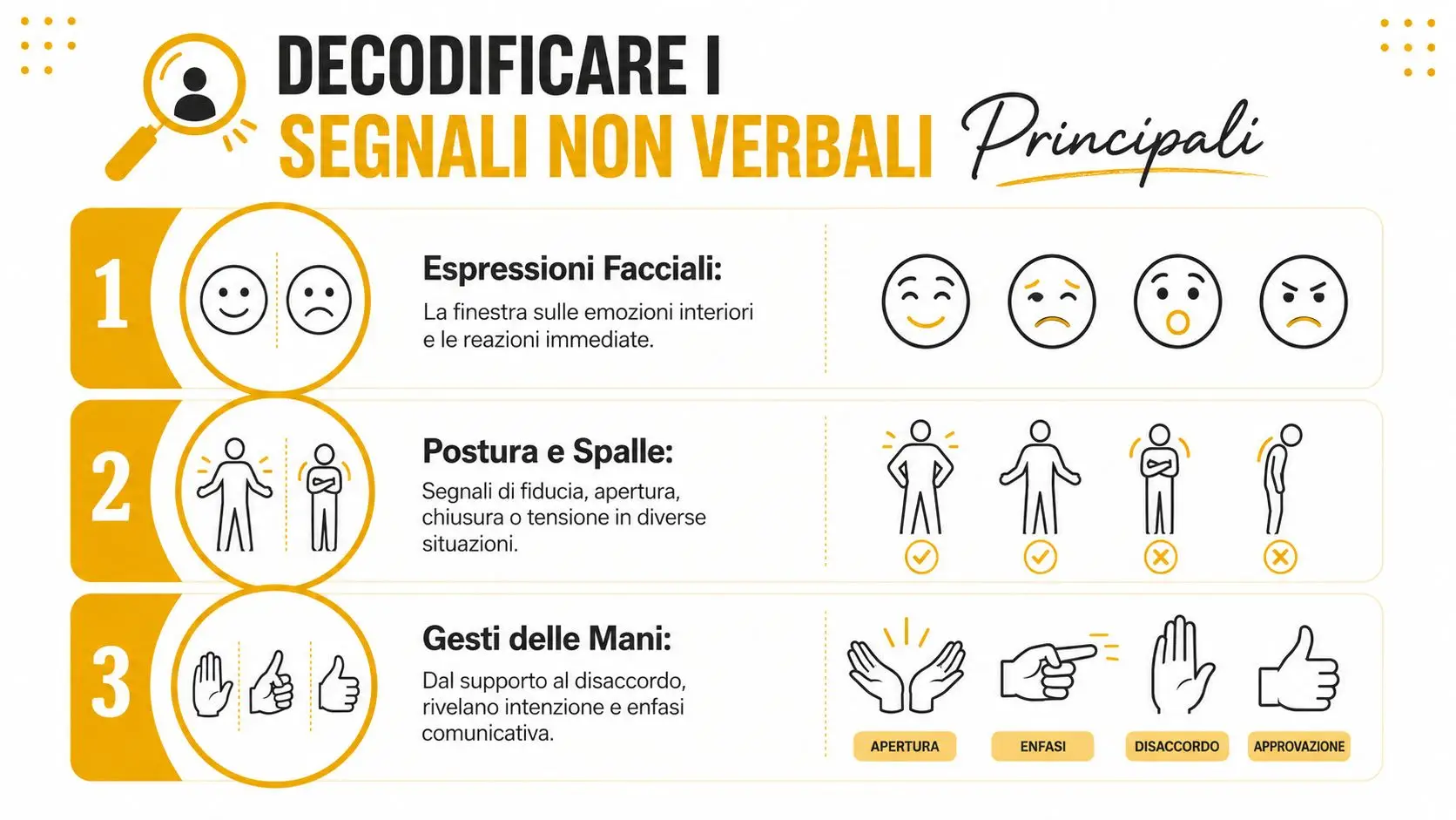 Infografica educativa che spiega come decodificare i segnali del linguaggio del corpo attraverso espressioni facciali, postura e gesti.