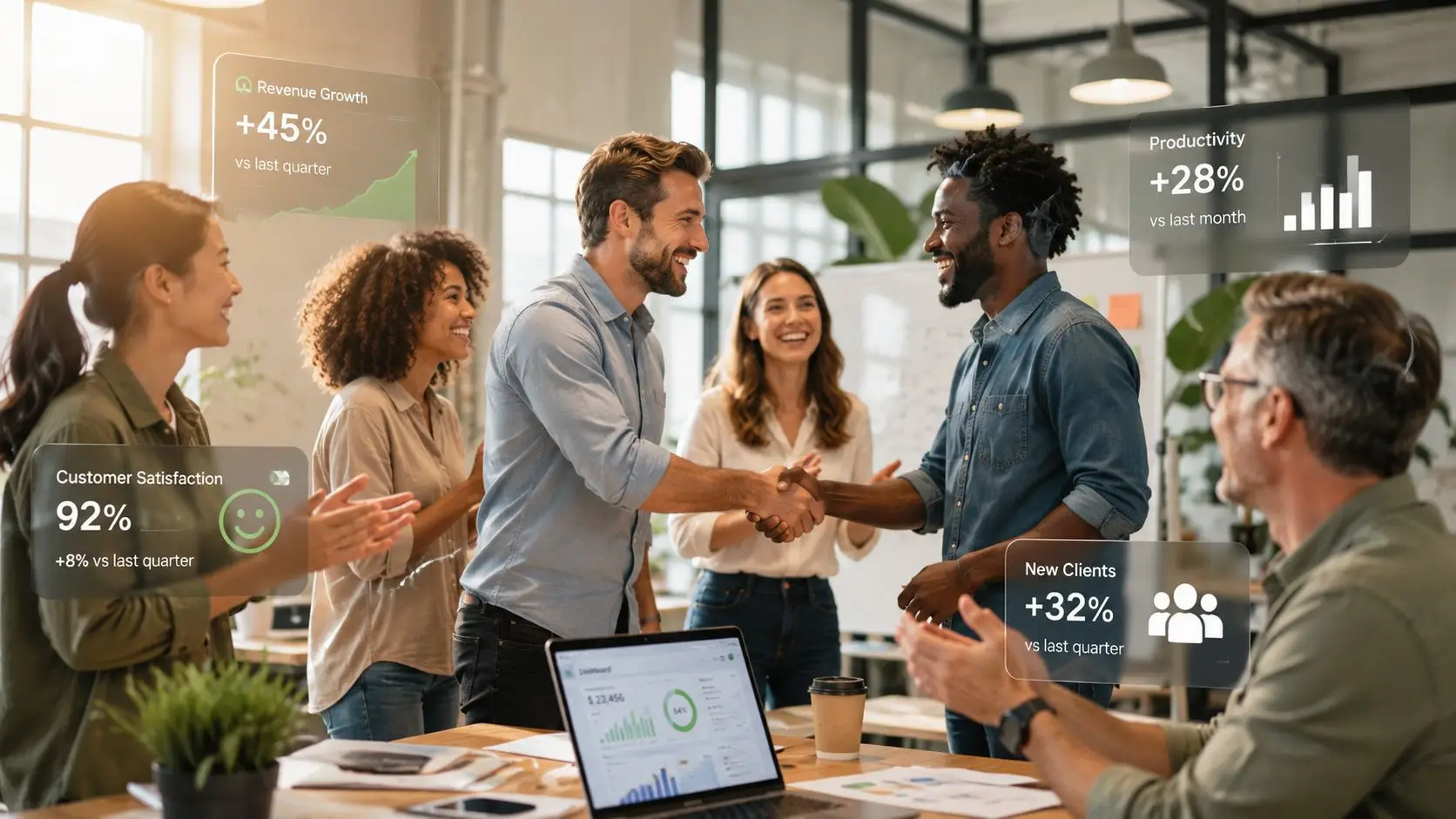 Un gruppo di colleghi felici che festeggia un successo lavorativo con grafici digitali fluttuanti nell'aria.