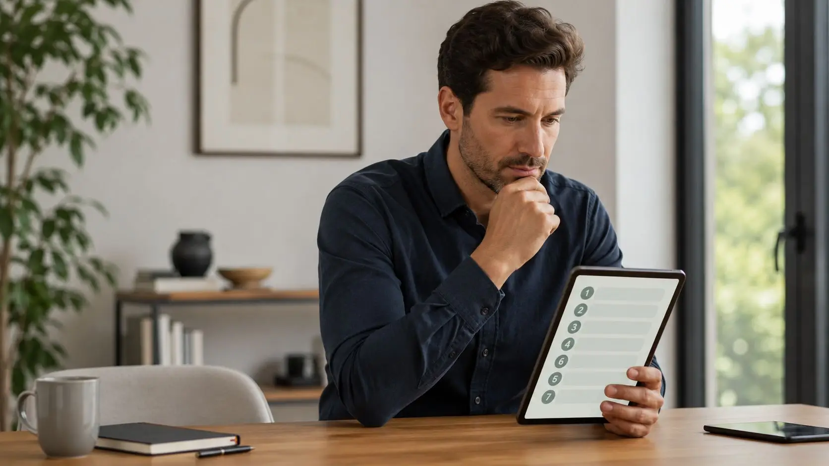 Un professionista concentrato consulta una lista di controllo digitale su un tablet nel suo ufficio moderno