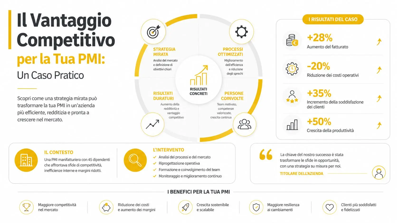 Infografica sui vantaggi competitivi per le piccole e medie imprese attraverso strategie mirate e casi pratici.