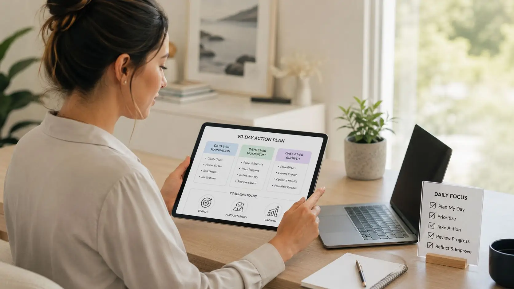 Una donna analizza un piano d'azione di 90 giorni su un tablet nel suo ufficio domestico.