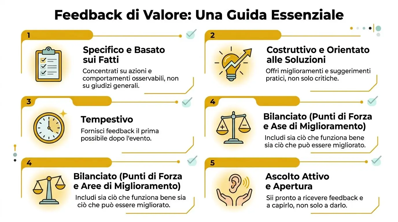 Una infografica che illustra cinque punti chiave per fornire un feedback di valore in ambito professionale.