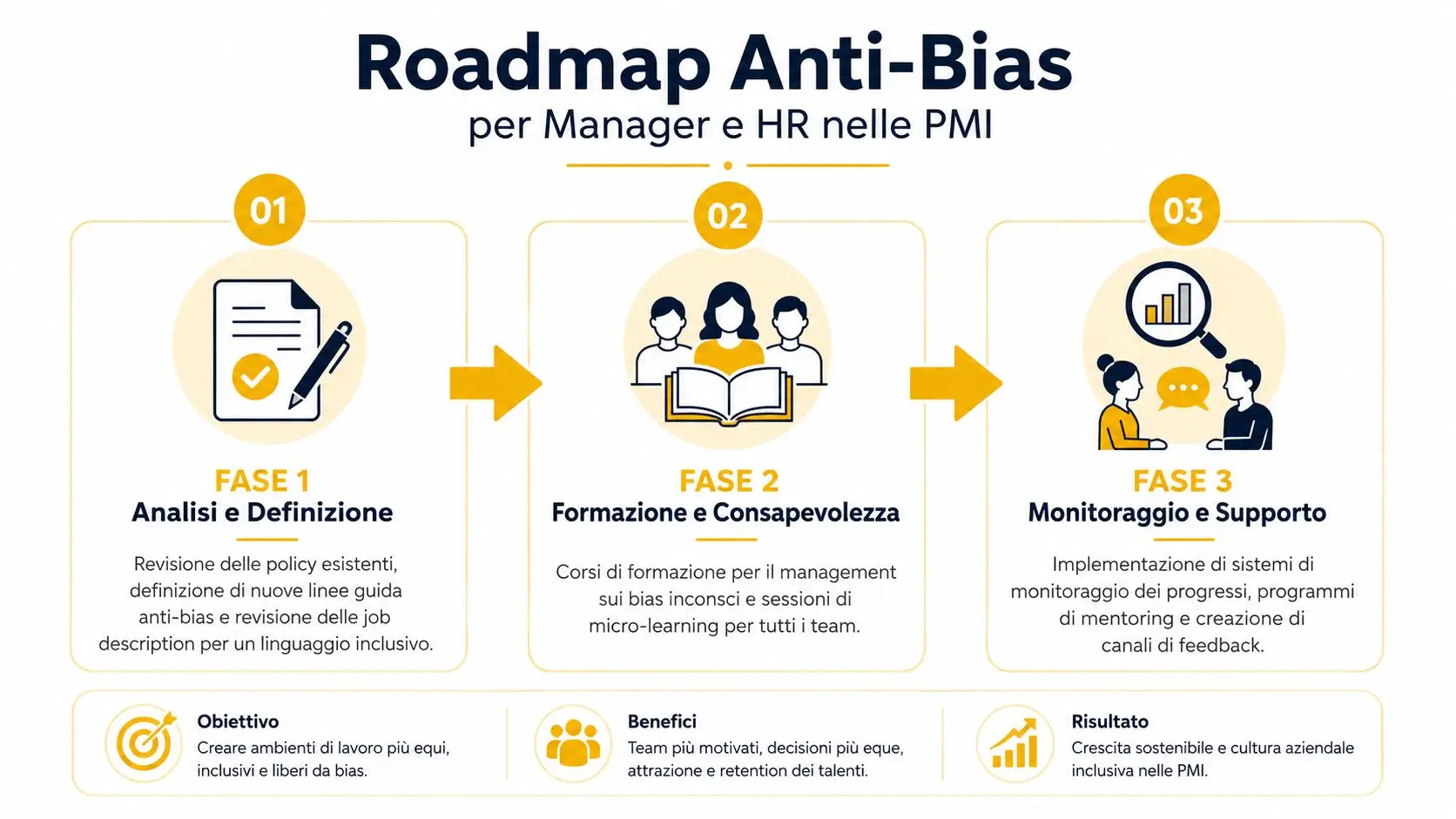 Roadmap strategica per manager e risorse umane volta a eliminare i pregiudizi nelle piccole e medie imprese.