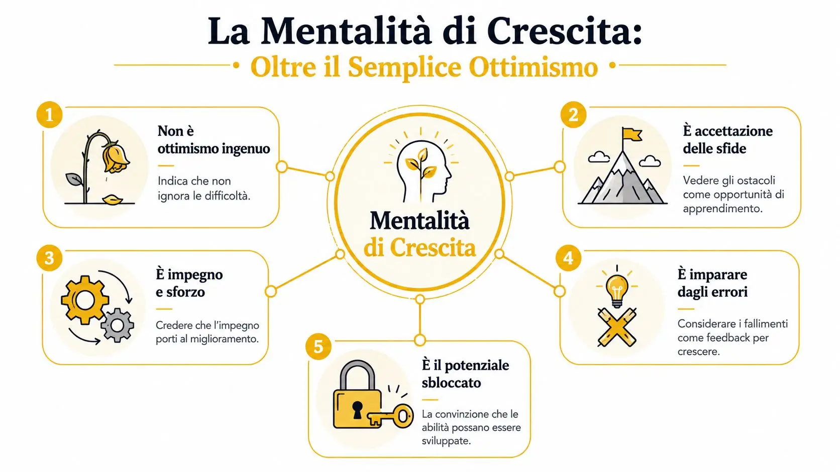 Un infografica sul concetto di mentalità di crescita spiegato attraverso cinque punti chiave e icone illustrate.